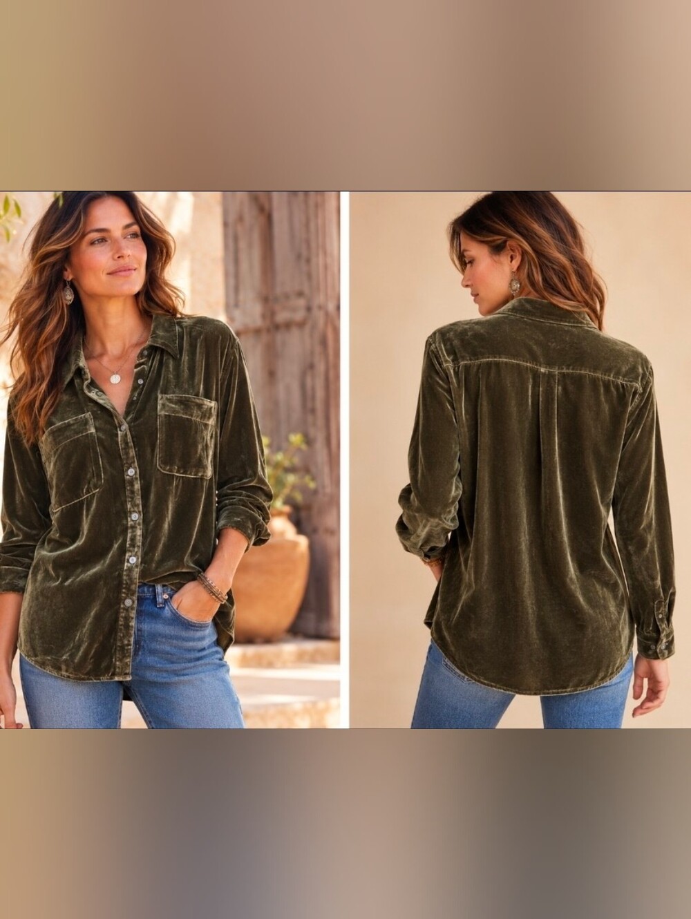 Sundance Alvina Olive Velvet Silk Rayon Button Down Blouse Boho Sz XL